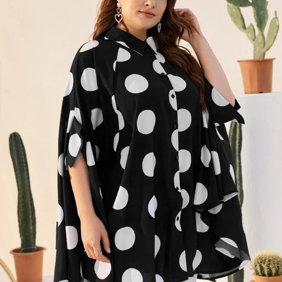 Plus Button Front Batwing Sleeve Polka Dot Shirt - Picture 3 of 5